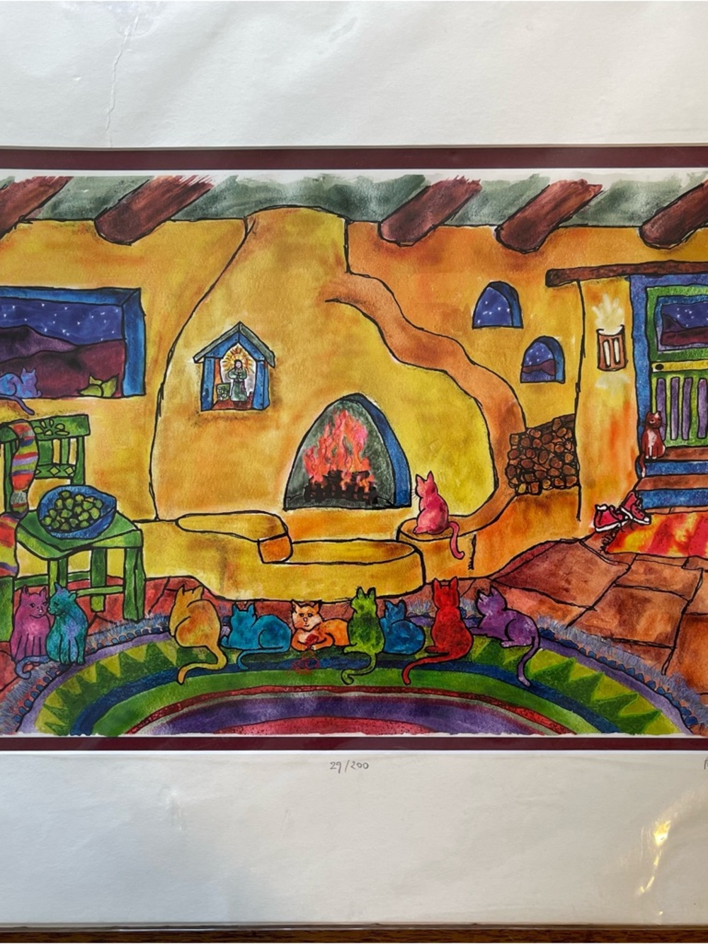 Colorful Cats by the Fireplace - Handcrafted Home Art Drawing (Multicolor)